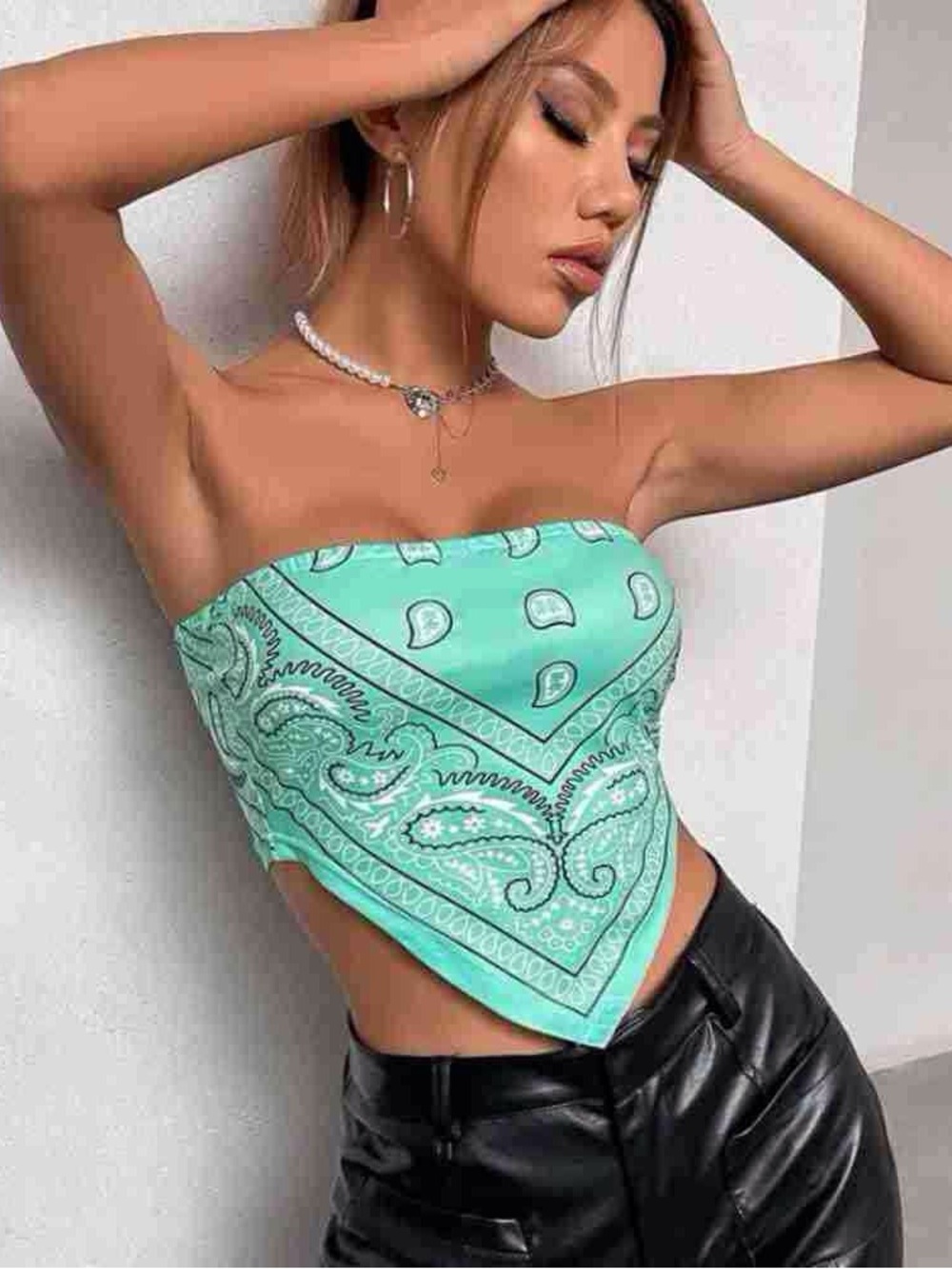 Strapless Mint Paisley Bandana Crop Top - Women - Picture 1 of 3